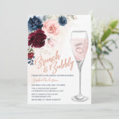 Blaues Burgundy Blush Bloral Brunch und Bubbly Einladung (Stehend Vorderseite)