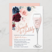 Blaues Burgundy Blush Bloral Brunch und Bubbly Einladung (Vorne/Hinten)