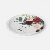 Blaues Burgundy Blush Pink Botanische Hochzeit Pappteller (Schrägansicht)