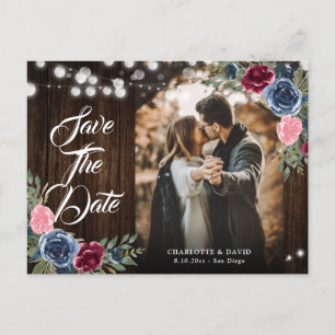 Blaues Burgundy Blush Pink Floral Wedding Foto Postkarte