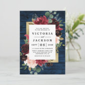 Blaues Burgundy Blush Pink Gold Rustikale Hochzeit Einladung (Stehend Vorderseite)