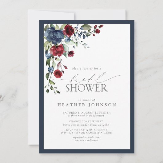 Blaues Burgundy-Brautparty Einladung (Vorderseite)