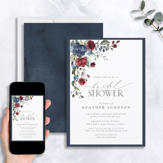 Blaues Burgundy-Brautparty Einladung