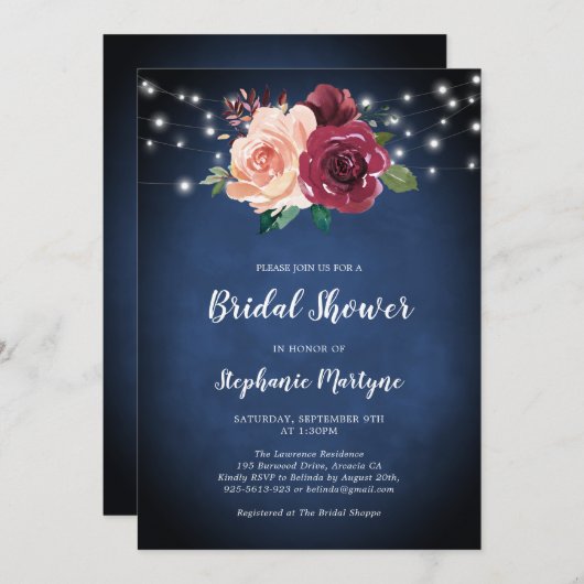 Blaues Burgundy-Brautparty Einladung (Vorne/Hinten)