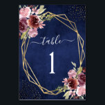 Blaues Burgundy Geometric Floral Wedding Tischnummer<br><div class="desc">Burgundy,  Navy Blue und Blush Pink Moderne und elegante florale Aquarell Imitate Gold Foil Geometric Spring Wedding Empfang Tischnummer Karten - beinhaltet schöne und elegante Drehtypografie mit modernen botanischen Blume und Grün für die besondere Hochzeitstag-Feier.</div>