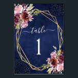 Blaues Burgundy Geometric Floral Wedding Tischnummer<br><div class="desc">Burgundy,  Navy Blue und Blush Pink Moderne und elegante florale Aquarell Imitate Gold Foil Geometric Spring Wedding Empfang Tischnummer Karten - beinhaltet schöne und elegante Drehtypografie mit modernen botanischen Blume und Grün für die besondere Hochzeitstag-Feier.</div>