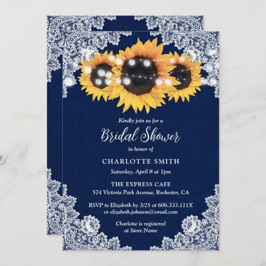 Blaues Burlap- und Spitzen-Sonnenblumen-Brautparty Einladung (Vorne/Hinten)