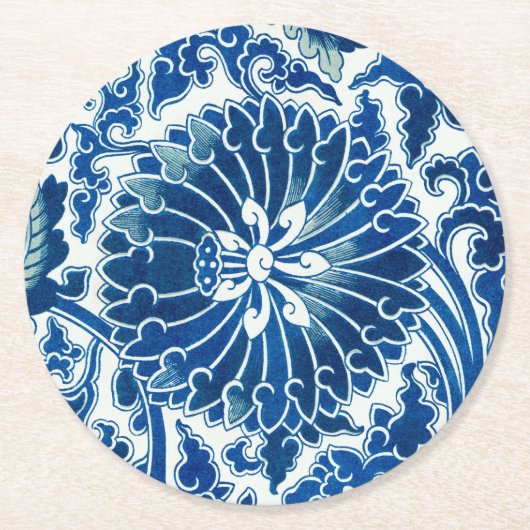 Blaues chinesisches Blumenmuster Runder Pappuntersetzer (Vorderseite)