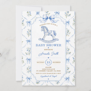 Blaues Chinoiserie-Baby-Shower-Toile-Schaukelpferd Einladung