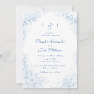 Blaues Chinoiserie-Blumen-Hochzeit Einladung