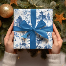 Blaues Chinoiserie-Dorf-Weihnachtspapier