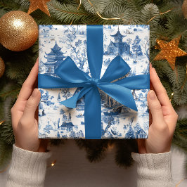Blaues Chinoiserie-Dorf-Weihnachtspapier Geschenkpapier