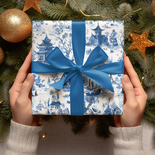 Blaues Chinoiserie-Dorf-Weihnachtspapier Geschenkpapier