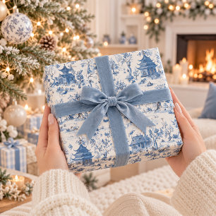 Blaues Chinoiserie-Dorf-Weihnachtspapier Geschenkpapier