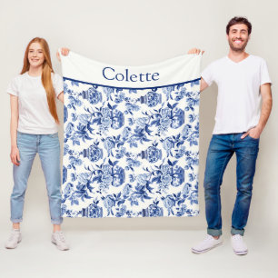 Blaues Chinoiserie-Monogramm  Fleecedecke