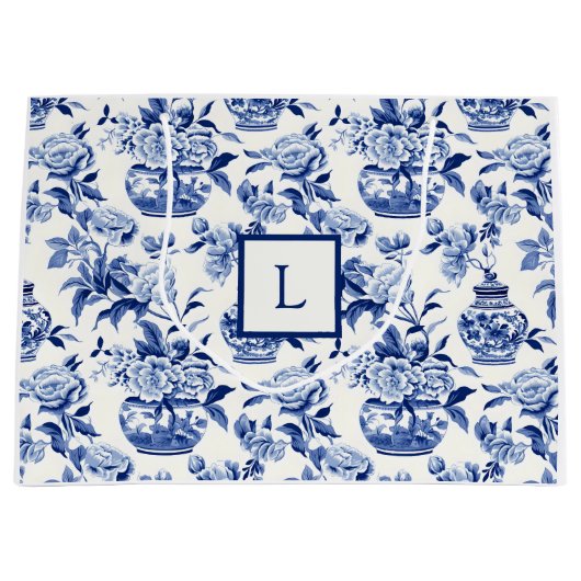 Blaues Chinoiserie-Monogramm Große Geschenktüte (Vorderseite)
