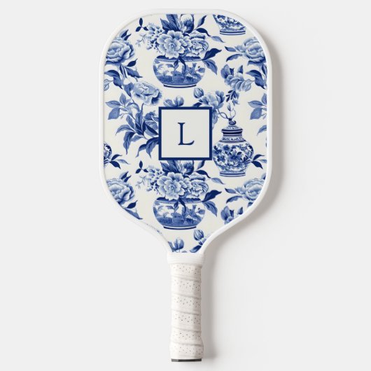 Blaues Chinoiserie-Monogramm Pickleball Schläger (Vorderseite)