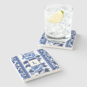 Blaues Chinoiserie-Monogramm Steinuntersetzer