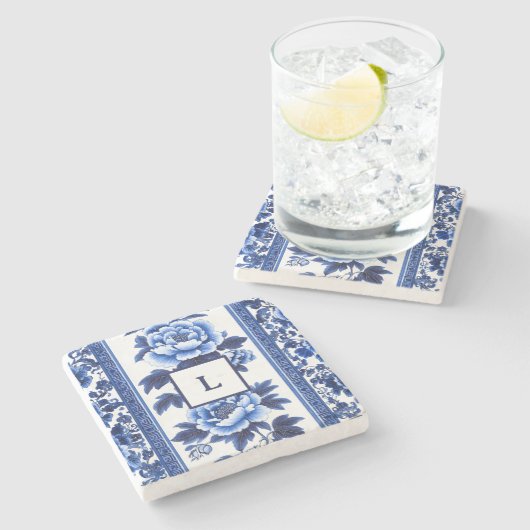Blaues Chinoiserie-Monogramm Steinuntersetzer (Seitenansicht)