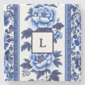 Blaues Chinoiserie-Monogramm Steinuntersetzer (Vorderseite)