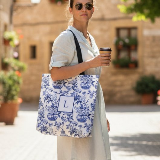 Blaues Chinoiserie-Monogramm  Tasche