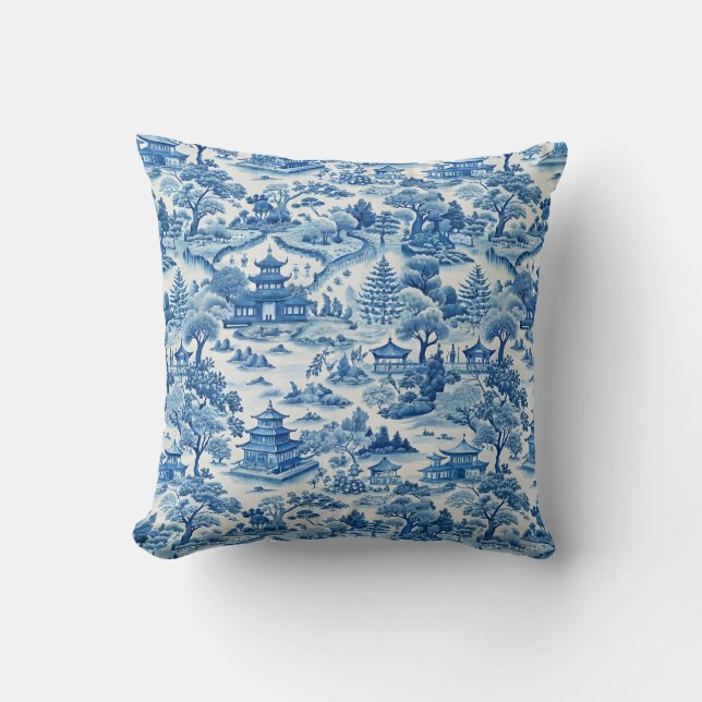 Blaues Chinoiserie-Muster Kissen (Vorderseite)