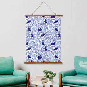 Blaues Chinoiserie Rabbit-Vintages Kaninchen & Blu Wandteppich Mit Holzrahmen
