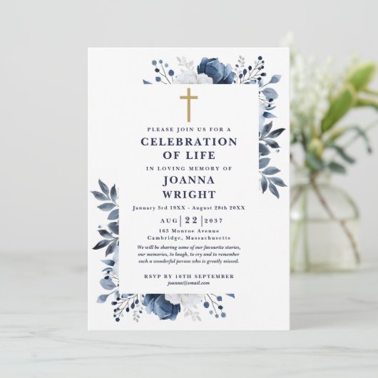 Blaues Christliches Foto zur Beerdigung des Lebens Einladung (Stehend Vorderseite)