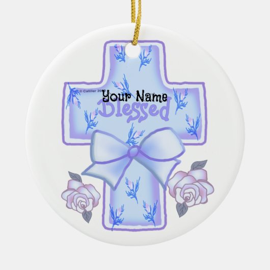 Blaues Christliches Kreuz Keramik Ornament (Vorne)