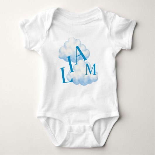 Blaues Cloud Monogramm Baby Bodysuit Strampler (Vorderseite)