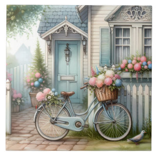 Blaues Cottage-Fahrrad mit Frühlingsblumenkorb Fliese