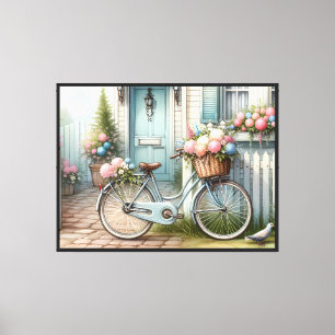 Blaues Cottage-Fahrrad mit Frühlingsblumenkorb Leinwanddruck