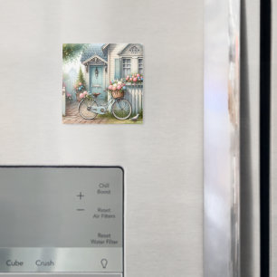 Blaues Cottage-Fahrrad mit Frühlingsblumenkorb Magnet