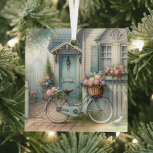 Blaues Cottage-Fahrrad mit Frühlingsblumenkorb Ornament Aus Glas