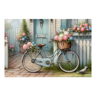 Blaues Cottage-Fahrrad mit Frühlingsblumenkorb Poster
