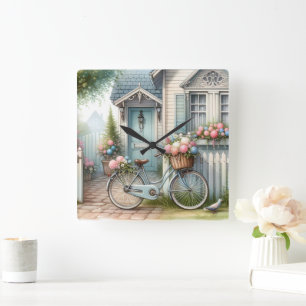 Blaues Cottage-Fahrrad mit Frühlingsblumenkorb Quadratische Wanduhr
