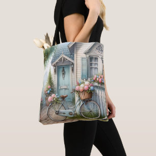 Blaues Cottage-Fahrrad mit Frühlingsblumenkorb Tasche