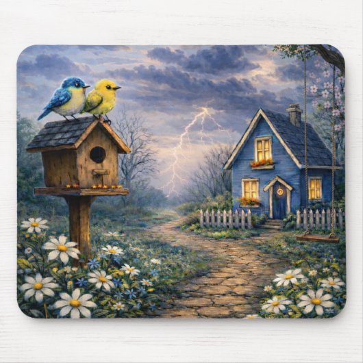 Blaues Cottage-Vogelhaus-Sturm-Mauspad Mousepad (Vorne)