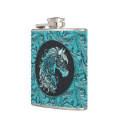 Blaues Cowgirl mit Blumenmotiven aus Leder Flachmann (Links)