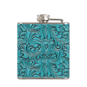 Blaues Cowgirl mit Blumenmotiven aus Leder Flachmann (Rückseite)