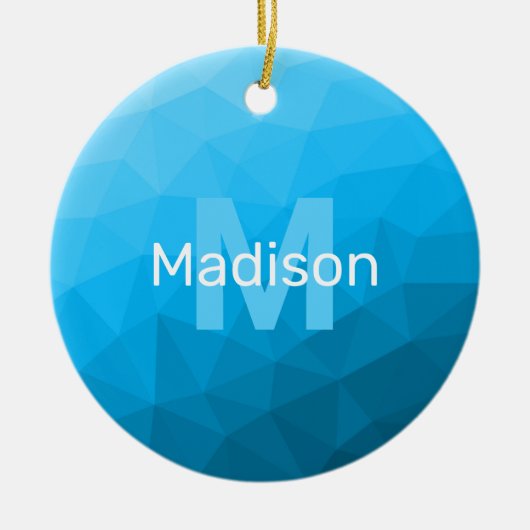 Blaues cyan geometrisches Maschenmuster Monogram Keramik Ornament (Vorne)