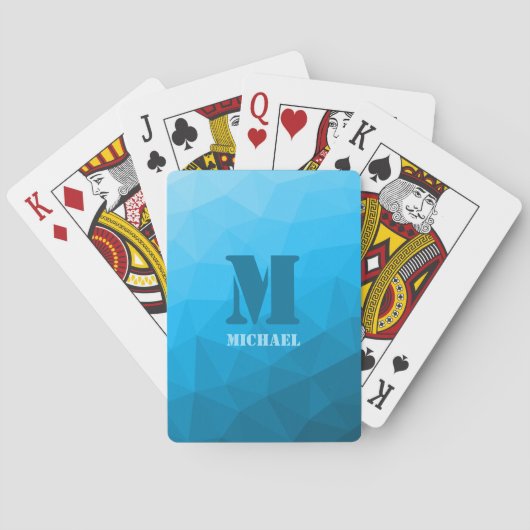Blaues cyan geometrisches Maschenmuster Monogramm Spielkarten (Rückseite)