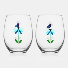 Blaues Daisy und Schmetterlingswein Set Weinglas Ohne Stiel