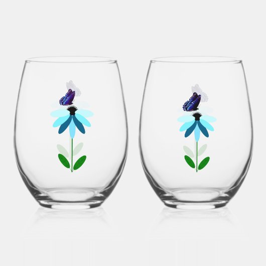 Blaues Daisy und Schmetterlingswein Set Weinglas Ohne Stiel (Vorderseite)