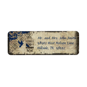 Blaues Damast Birdcage Vintage Hochzeitslabel
