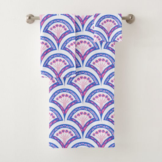 Blaues Damastmuster Badhandtuch Set (Insitu)