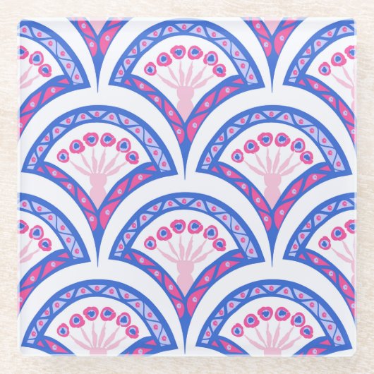 Blaues Damastmuster Glasuntersetzer (Vorderseite)