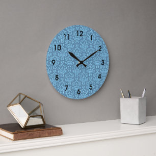 Blaues Damastmuster Große Wanduhr