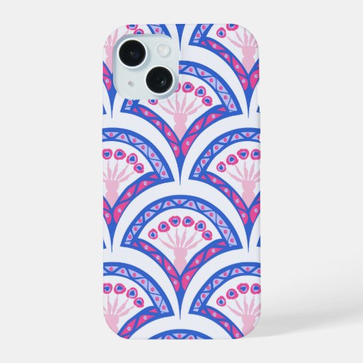 Blaues Damastmuster iPhone 15 Hülle (Rückseite)
