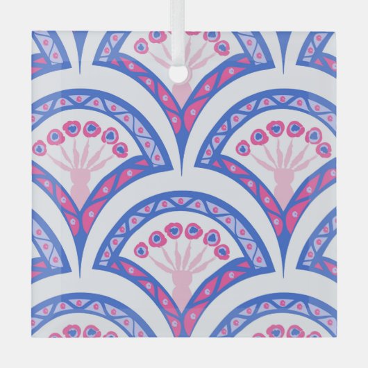 Blaues Damastmuster Ornament Aus Glas (Vorderseite)